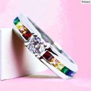 New Rainbow Engagement Ring, Silver, Cubic Zirconia Promise Ring
